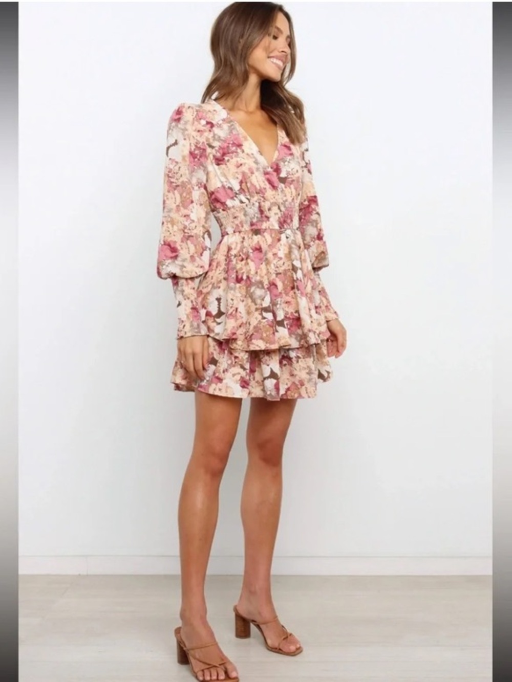 Petal & Pup Long Sleeve Floral Ruffle Tiered Mini Dress Size Small Pink - Picture 2 of 6